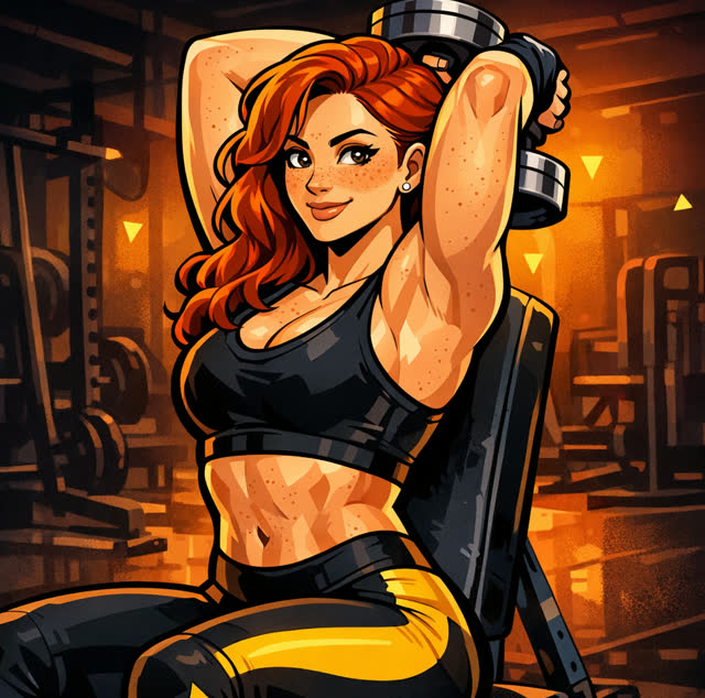 Mulher ruiva fazendo tríceps com halter